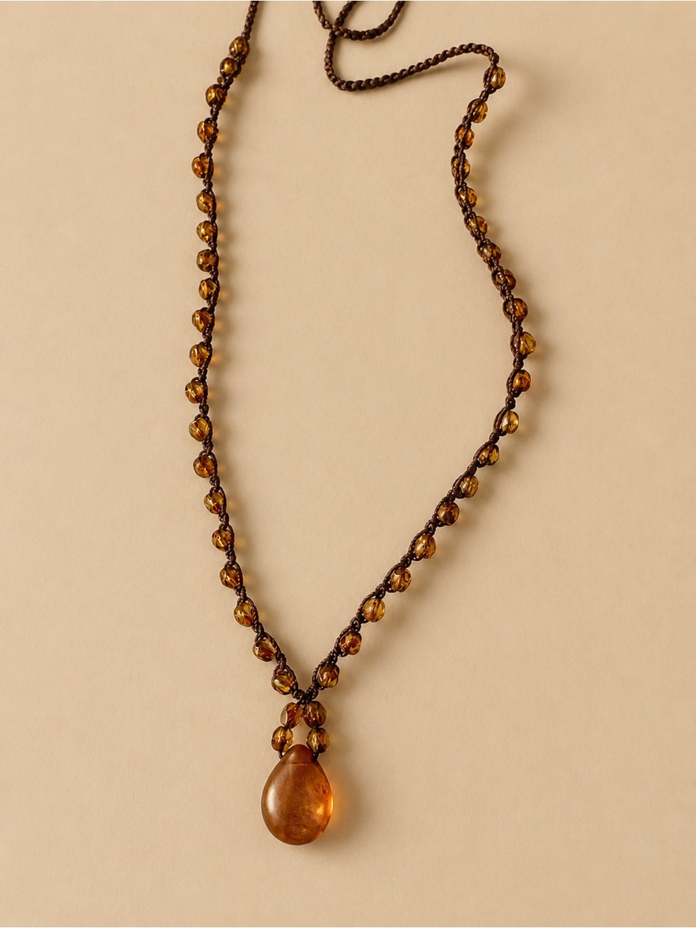 Earthy BoHo Hand Knotted Topaz Brown Teardrop Beaded Necklace